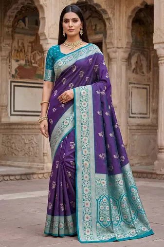 Purple soft banarasi silk saree with zari weaving meenakari design