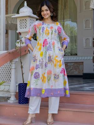 Floral Printed A-Line Cotton Kurta With Trousers 1