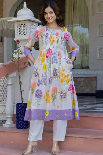 Floral Printed A-Line Cotton Kurta With Trousers