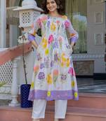 Floral Printed A-Line Cotton Kurta With Trousers