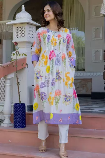 Floral Printed A-Line Cotton Kurta With Trousers