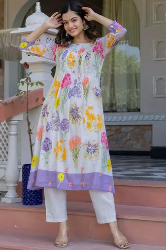Floral Printed A-Line Cotton Kurta With Trousers