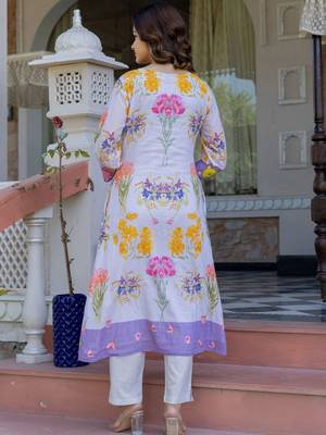 Floral Printed A-Line Cotton Kurta With Trousers 5