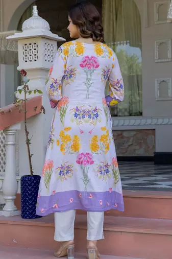 Floral Printed A-Line Cotton Kurta With Trousers