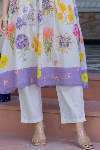Floral Printed A-Line Cotton Kurta With Trousers
