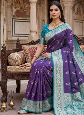 Purple soft banarasi silk saree with zari weaving meenakari design 2