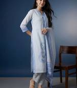 Women Printed Linen Kurta with Trousers & With Dupatta