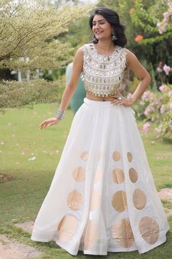 Women's Cotton Lehenga Choli Set with Golden Mirror Work Blouse & Polka Dot Lehenga