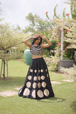 Women's Cotton Lehenga Choli Set with Golden Mirror Work Blouse & Polka Dot Lehenga-full stitched free size 1