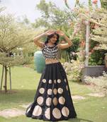Women's Cotton Lehenga Choli Set with Golden Mirror Work Blouse & Polka Dot Lehenga-full stitched free size