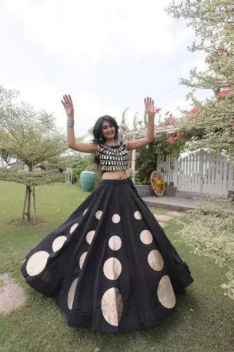 Women's Cotton Lehenga Choli Set with Golden Mirror Work Blouse & Polka Dot Lehenga-full stitched free size