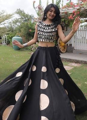 Women's Cotton Lehenga Choli Set with Golden Mirror Work Blouse & Polka Dot Lehenga-full stitched free size 3