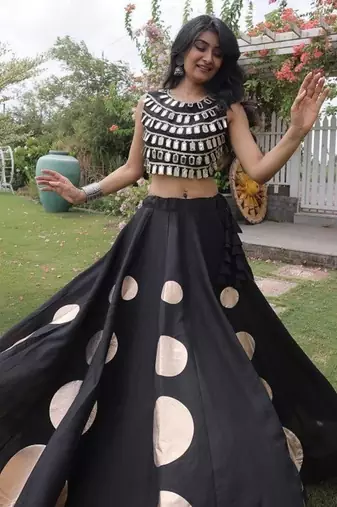 Women's Cotton Lehenga Choli Set with Golden Mirror Work Blouse & Polka Dot Lehenga-full stitched free size
