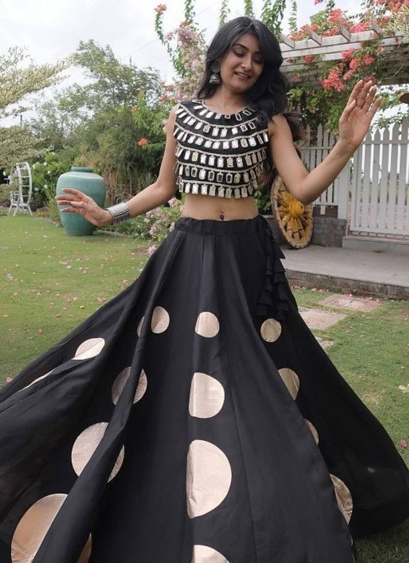 Women's Cotton Lehenga Choli Set with Golden Mirror Work Blouse & Polka Dot Lehenga-full stitched free size