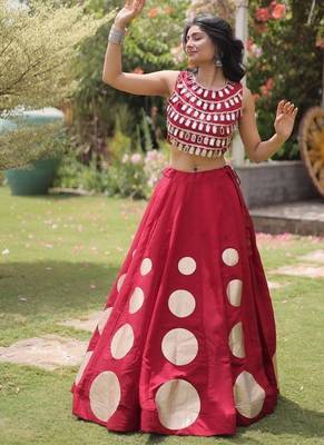 Women's Cotton Lehenga Choli Set with Golden Mirror Work Blouse & Polka Dot Lehenga-full stitched free size 1