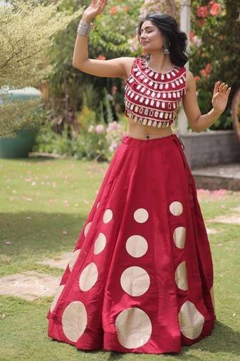 Women's Cotton Lehenga Choli Set with Golden Mirror Work Blouse & Polka Dot Lehenga-full stitched free size