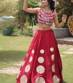 Women's Cotton Lehenga Choli Set with Golden Mirror Work Blouse & Polka Dot Lehenga-full stitched free size