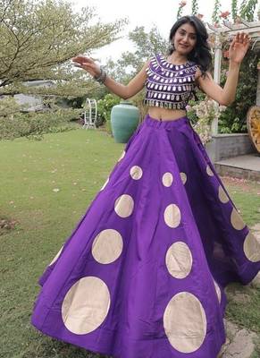 Women's Cotton Lehenga Choli Set with Golden Mirror Work Blouse & Polka Dot Lehenga-full stitched free size 1
