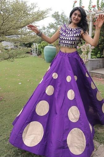 Women's Cotton Lehenga Choli Set with Golden Mirror Work Blouse & Polka Dot Lehenga-full stitched free size
