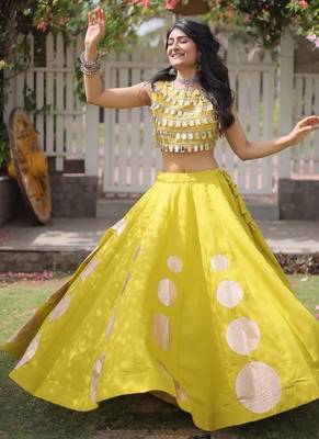 Women's Cotton Lehenga Choli Set with Golden Mirror Work Blouse & Polka Dot Lehenga-full stitched free size 1
