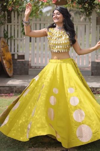 Women's Cotton Lehenga Choli Set with Golden Mirror Work Blouse & Polka Dot Lehenga-full stitched free size