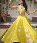 Women's Cotton Lehenga Choli Set with Golden Mirror Work Blouse & Polka Dot Lehenga-full stitched free size