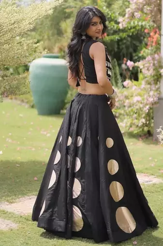 Women's Cotton Lehenga Choli Set with Golden Mirror Work Blouse & Polka Dot Lehenga-full stitched free size