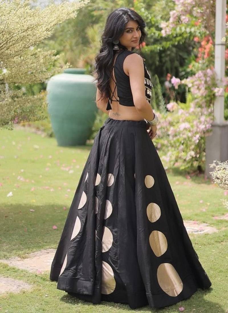Women's Cotton Lehenga Choli Set with Golden Mirror Work Blouse & Polka Dot Lehenga-full stitched free size