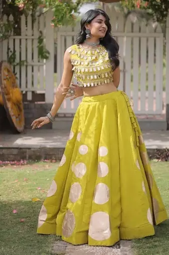 Women's Cotton Lehenga Choli Set with Golden Mirror Work Blouse & Polka Dot Lehenga-full stitched free size