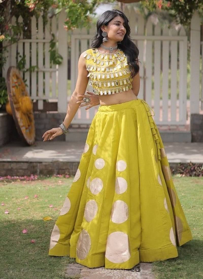 Women's Cotton Lehenga Choli Set with Golden Mirror Work Blouse & Polka Dot Lehenga-full stitched free size