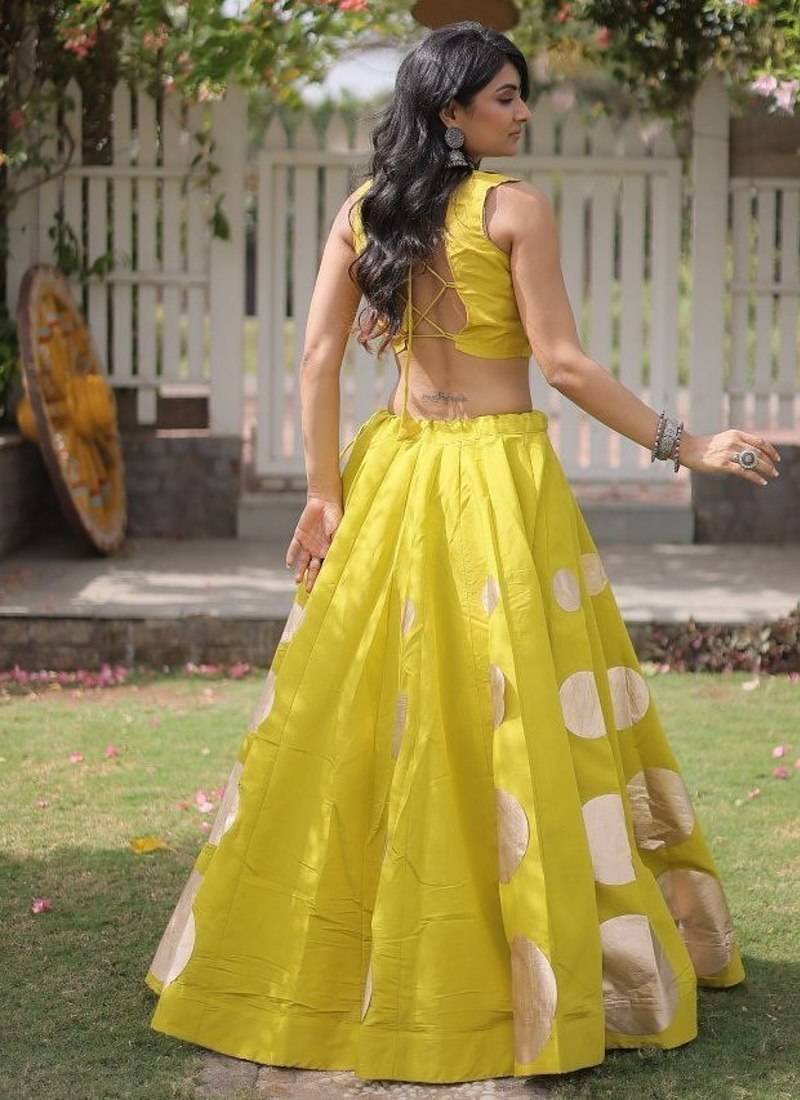 Women's Cotton Lehenga Choli Set with Golden Mirror Work Blouse & Polka Dot Lehenga-full stitched free size