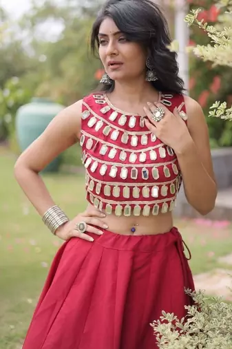 Women's Cotton Lehenga Choli Set with Golden Mirror Work Blouse & Polka Dot Lehenga-full stitched free size