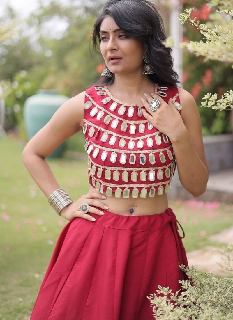Women's Cotton Lehenga Choli Set with Golden Mirror Work Blouse & Polka Dot Lehenga-full stitched free size