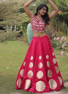 Women's Cotton Lehenga Choli Set with Golden Mirror Work Blouse & Polka Dot Lehenga-full stitched free size 1