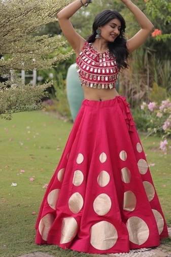Women's Cotton Lehenga Choli Set with Golden Mirror Work Blouse & Polka Dot Lehenga-full stitched free size