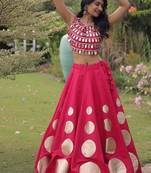 Women's Cotton Lehenga Choli Set with Golden Mirror Work Blouse & Polka Dot Lehenga-full stitched free size