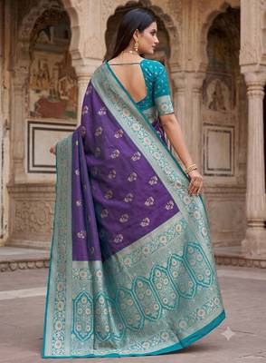 Purple soft banarasi silk saree with zari weaving meenakari design 3