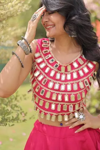 Women's Cotton Lehenga Choli Set with Golden Mirror Work Blouse & Polka Dot Lehenga-full stitched free size
