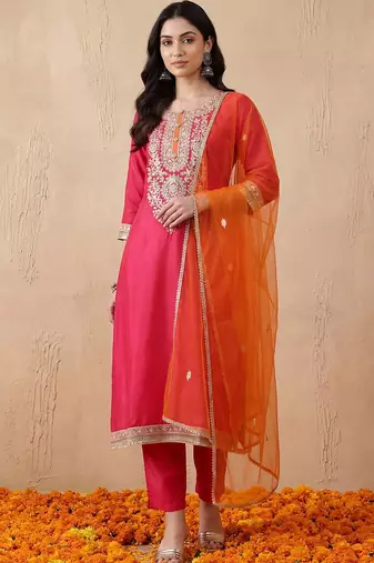 Women Ethnic Motifs Embroidered Sequinned Kurta with Trousers & With Dupatta