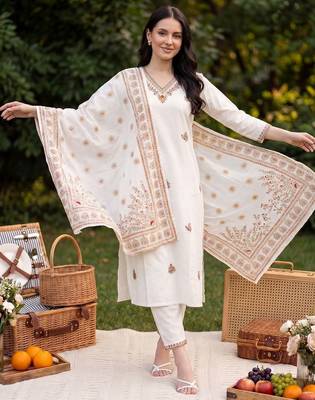 Women Ethnic Motifs Embroidered Thread Work Cotton Kurta with Trousers & With Dupatta 3