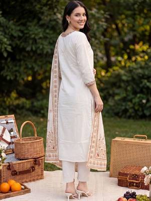 Women Ethnic Motifs Embroidered Thread Work Cotton Kurta with Trousers & With Dupatta 6