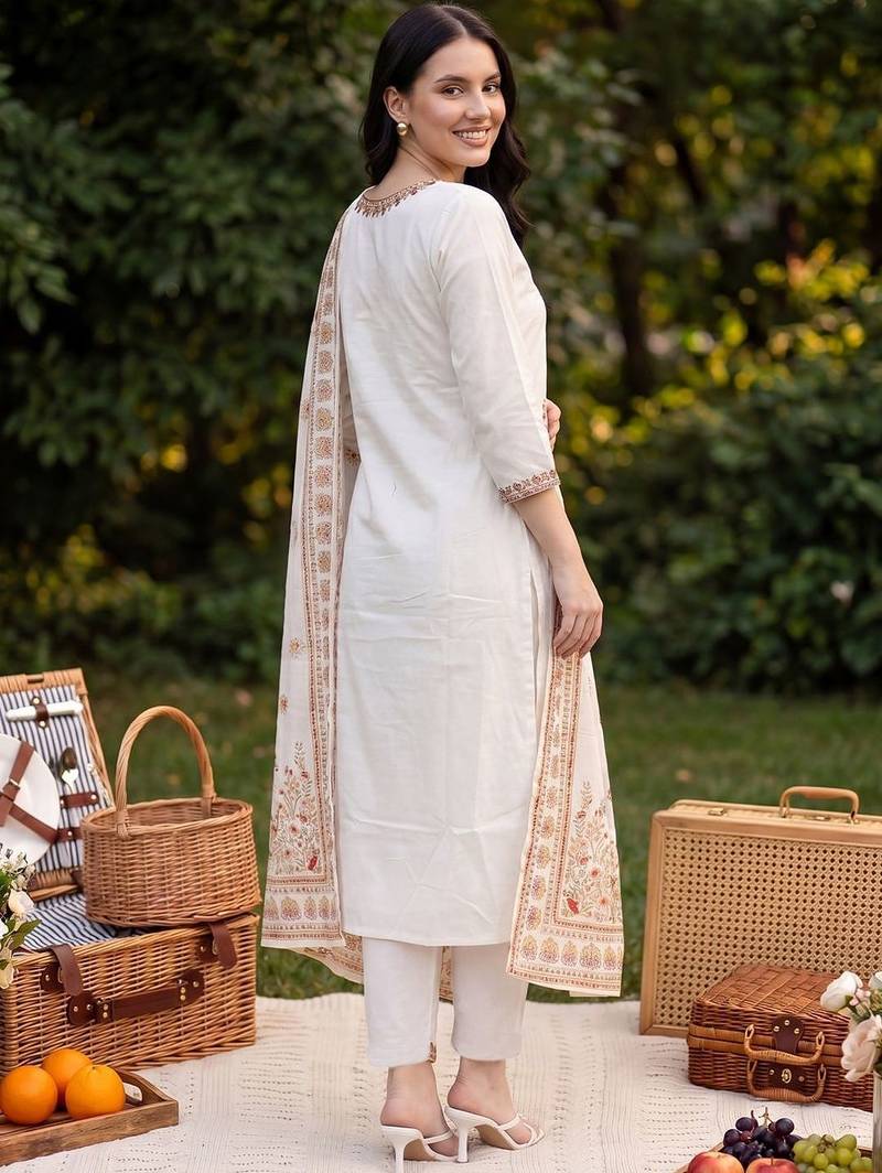 Women Ethnic Motifs Embroidered Thread Work Cotton Kurta with Trousers & With Dupatta
