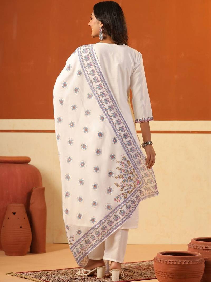 Women Ethnic Motifs Embroidered Thread Work Cotton Kurta with Trousers & With Dupatta