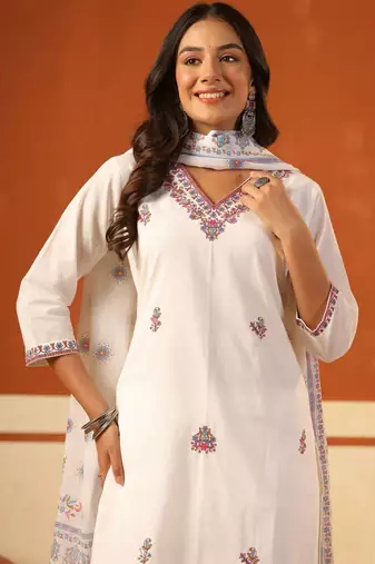 Women Ethnic Motifs Embroidered Thread Work Cotton Kurta with Trousers & With Dupatta