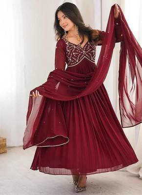 maroon georgette party wear embroidery anarkali suit set stitched 1