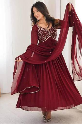 maroon georgette party wear embroidery anarkali suit set stitched