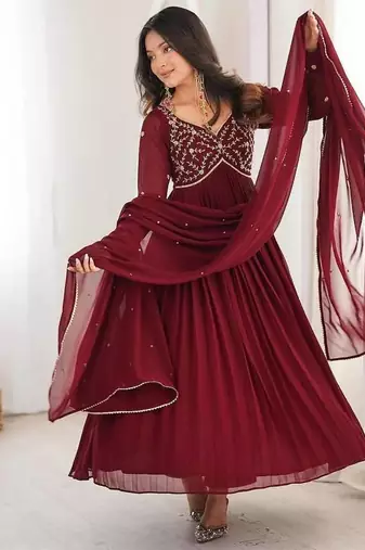 maroon georgette party wear embroidery anarkali suit set stitched