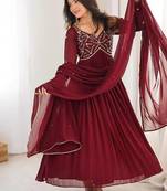 maroon georgette party wear embroidery anarkali suit set stitched