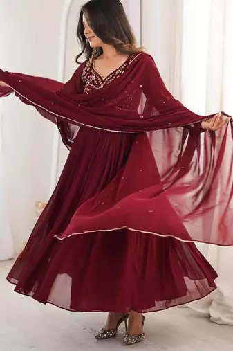 maroon georgette party wear embroidery anarkali suit set stitched
