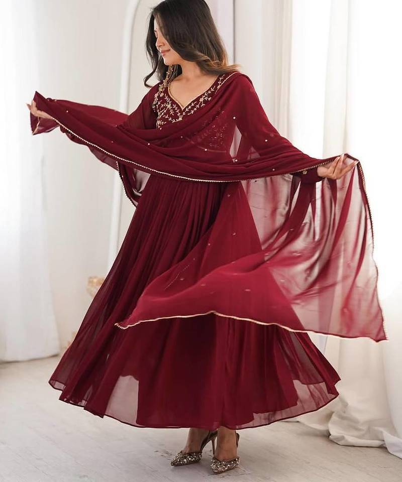 maroon georgette party wear embroidery anarkali suit set stitched